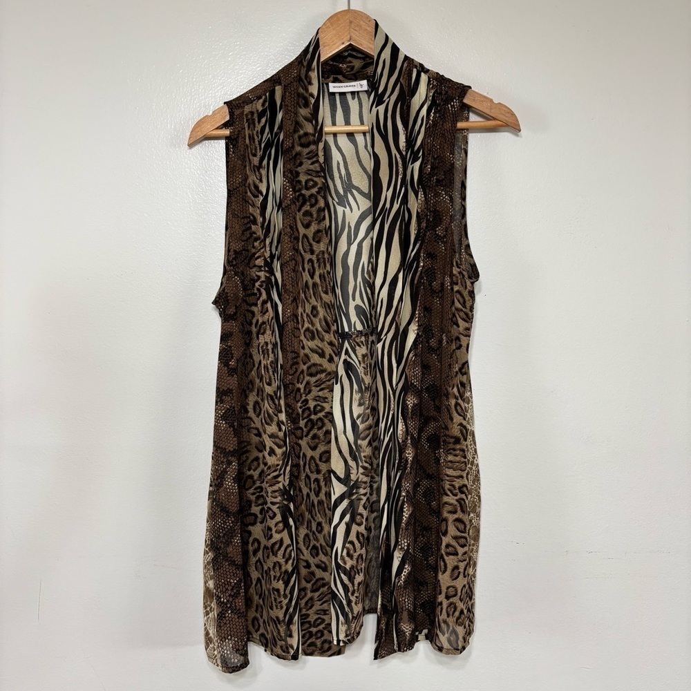 Susan Graver Multi Animal Print Sleeveless Sheer Vest W/ Pockets Size M